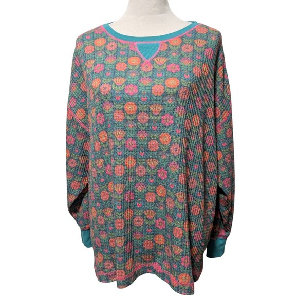 Natural Life Womens Sz S Turquoise Floral Bouquet Waffle Knit Thermal Lounge Top - Picture 2 of 8